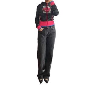 Triple Five Soul Vintage Y2K Logo Satin Black/Pink Zip Up Hoodie Size S